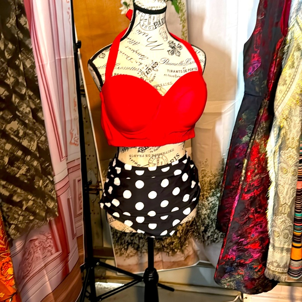Red top poka dot two piece bathing suit